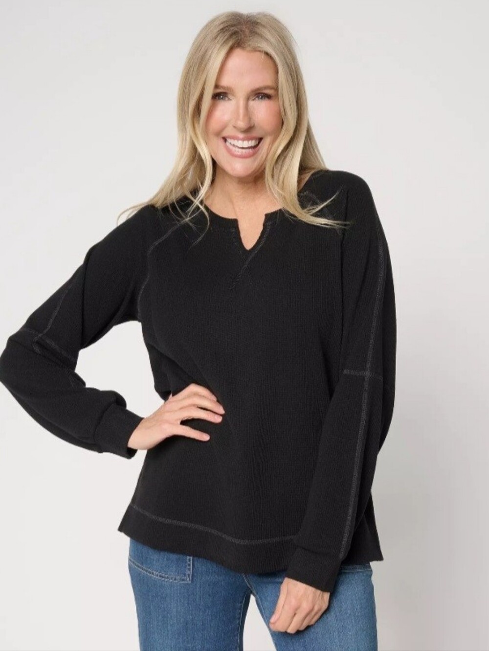 Belle by Kim Gravel Black Waffle Split Neck Top